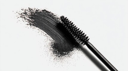 Black mascara application, brush with bristles, showing a smear and product on white surface