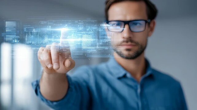 A professional male uses advanced touch screen technology, engaging with a holographic digital interface. The image highlights innovation, digital transformation, and future workplace trends
