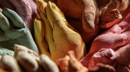 Close-up of colorful, textured art materials, displaying various hues and shapes