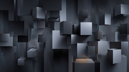 Many dark grey cubes of various sizes float in abstract composition.
