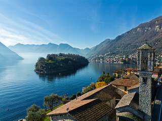 View of Comacina island from the village of Ossuccio on Lake Como