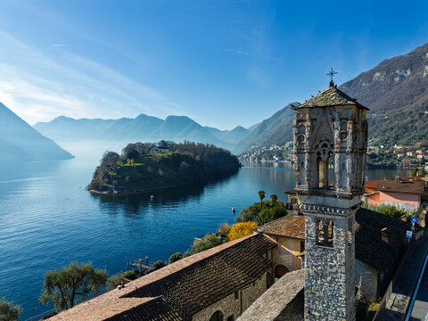 View of Comacina island from the village of Ossuccio on Lake Como