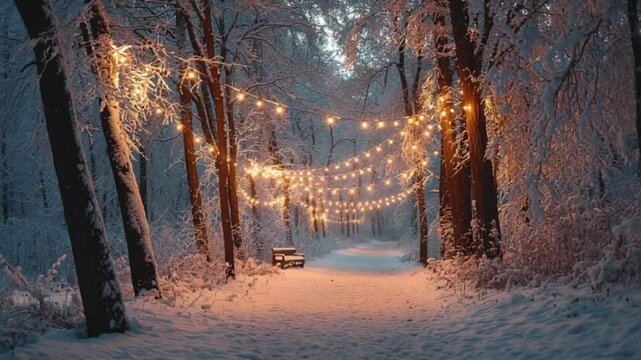 Snowy forest path illuminated by warm string lights creating a magical winter wonderland scene with snowcovered trees and a rustic wooden bench inviting quiet contemplation