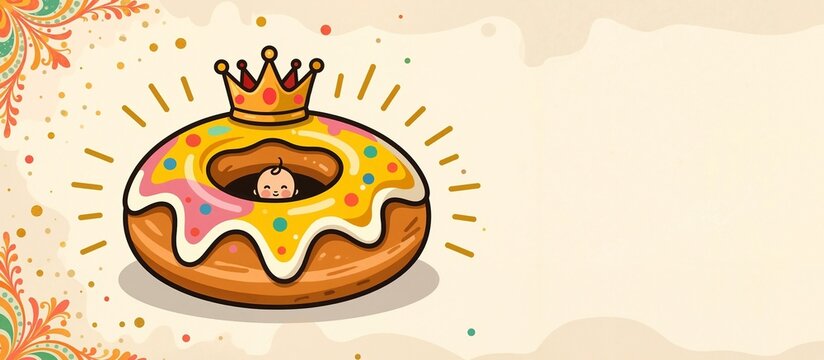 Cute baby in a Mardi Gras king cake donut with a crown. Festive illustration for a party invitation or baby shower. Celebration banner with copy space