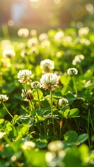 White clover field at sunset