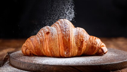 croissant being dusted with powdered sugar highlighting fresh pastry perfection for breakfast brunch or dessert