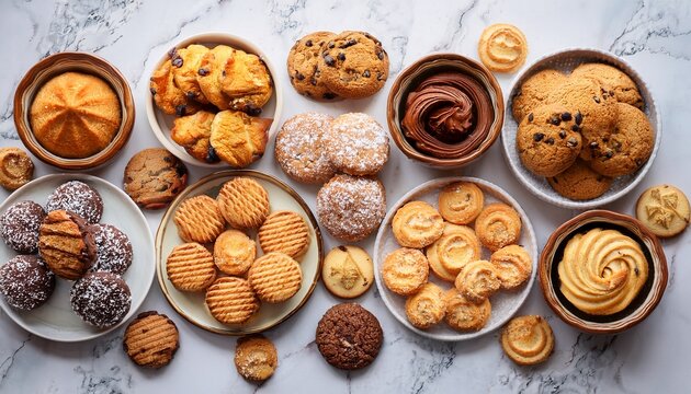 assorted baked cookies and cake confectionery for sweet dessert snack on marble background top view