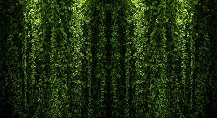 Naklejka premium Lush Green Foliage Wall with Climbing Plants and Natural Texture.