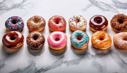 rows of various glazed doughnuts with different toppings creating a vibrant snack selection on white marble