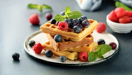 waffles stacking with vibrant mixed berries and fresh mint a sweet breakfast or dessert concept