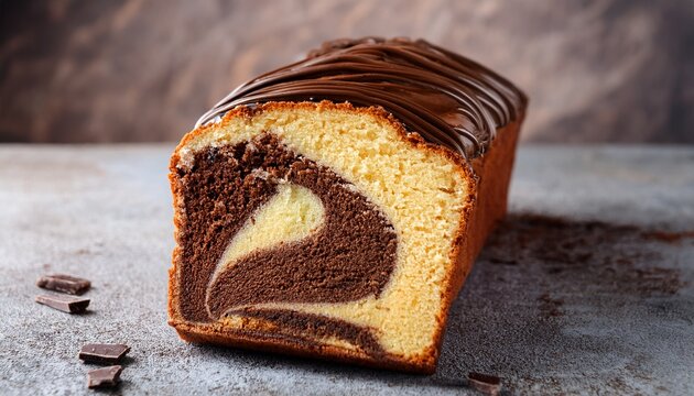 marble loaf cake slice on a textured surface showcasing swirled vanilla and chocolate sponge with chocolate frosting