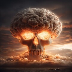 Nuclear mushroom cloud forming glowing skull of destruction. Massive explosion transforming into a terrifying skull, symbolizing global disaster and war