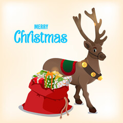 Illustration of Santa's reindeer and a sack of gifts for children. Caption: Merry Christmas.