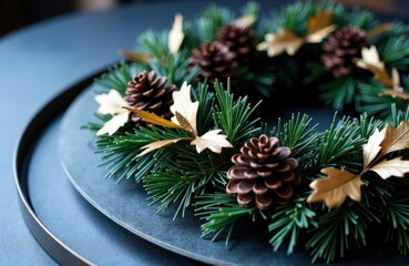 Evergreen wreath with pine cones and gold leaves on a dark plate for holiday decor