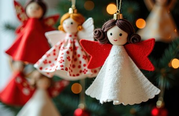 Obraz premium Angel ornaments hanging on a Christmas tree with warm bokeh lights and felt textures