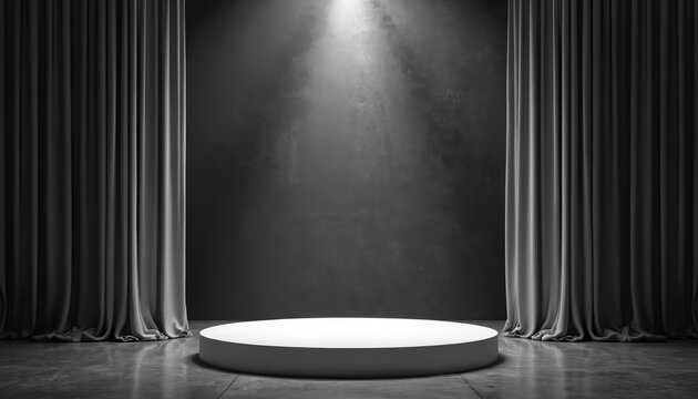 Empty circular platform on stage floor. Dark textured wall with spotlight beam and grey curtains frame scene. Ready for performance or product reveal.