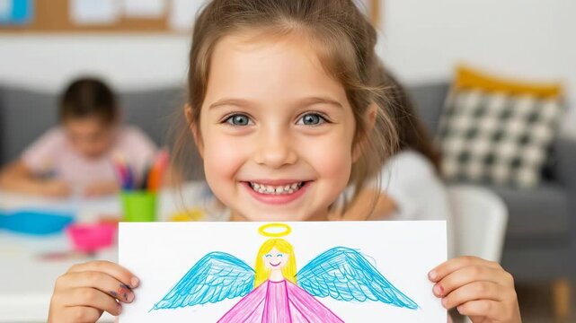  Little girl showing religious drawing of an angel and smiling christian faith concept