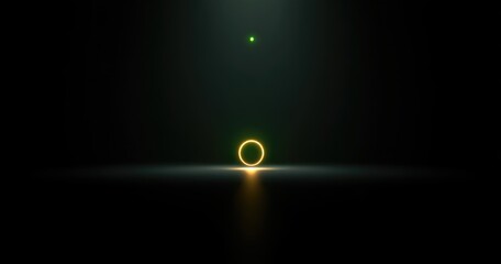 Glowing neon ring and small green dot against a dark background, with a bright spot underneath