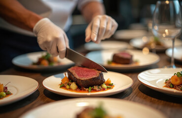 Chef slices perfect medium rare beef steak on plate with vegetables and sauce. Professional cook prepares gourmet food in kitchen for fine dining restaurant. Plated dish looks delicious.