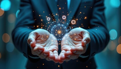 Businessman holds virtual circuit in cupped hands. Digital network of glowing lines and gears connects data points. Futuristic technology merges with human control in cyberspace.