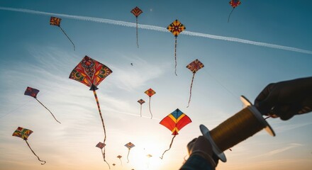 Colorful patterned kites flying high in a vast blue sky, hands skillfully holding a golden thread reel during a joyous harvest festival celebration