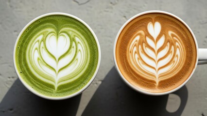 Latte art coffee drinks with foam designs