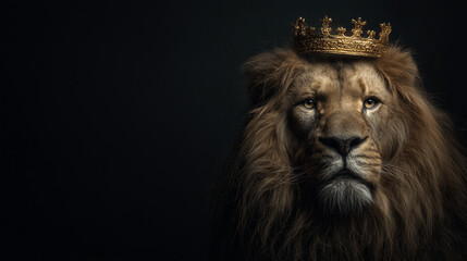 Fototapeta premium Portrait of a serious lion with a golden crown on his head isolated on a dark empty background with space for text or text. Leader and king motif