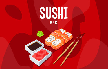 Background Sushi Bar Red Background Sushi Set Red Fish Chopsticks Wasabi Soy Sauce