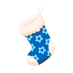 Blue Christmas stocking with star patterns on a white background