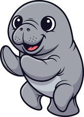 Fototapeta premium Cheerful cartoon manatee stands upright, happily waving hello with a big smile, a friendly sea creature illustration