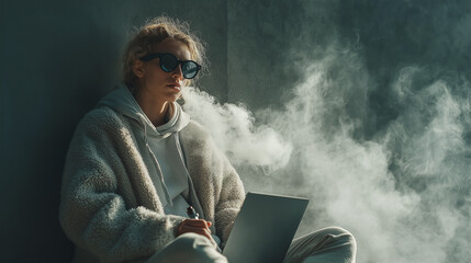 A young woman relaxes in a cozy setting, wearing sunglasses, surrounded by swirling smoke while focused on her laptop.