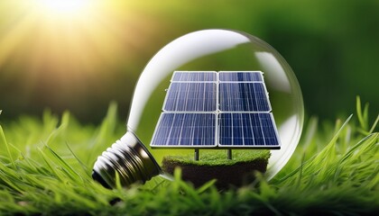 a solar panel inside a light bulb placed on green grass symbolizing renewable energy sustainability and the fusion of technology with nature