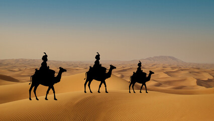 Los Tres Reyes Magos siguiendo la Estrella de Belén — Melchor, Gaspar y Baltasar cruzando el desierto en la noche estrellada, montados en camellos y guiados por la luz celestial.