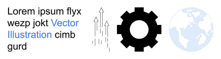 Business growth, global collaboration, technology integration, innovation, strategy planning, industrial progress. Gear next to arrows and a globe. Business growth and global collaboration symbolism