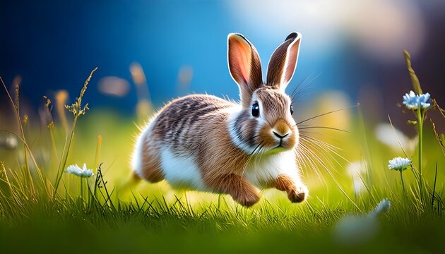 Running Rabbit in Grass with Blue Bokeh Background - Wildlife Nature Scene