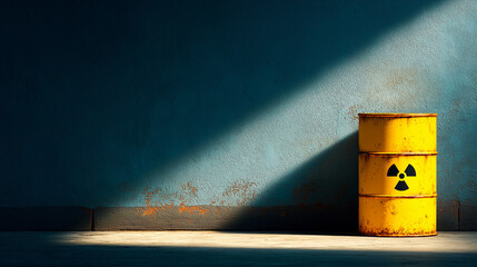 A weathered yellow barrel with a radiation symbol stands against a dark blue wall, illuminated by a beam of light, evoking an eerie atmosphere.