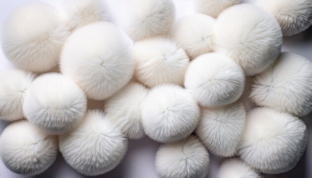 white pompons or plush balls on white background top view