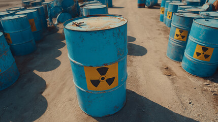 A collection of blue barrels with radiation warning symbols, arranged on a dusty surface, highlighting concerns about hazardous waste management.