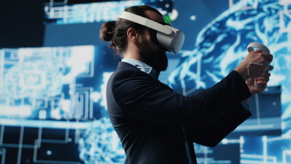 Modern businessman uses virtual reality gadget next to neural network system, using cybernetics and robotics for deep learning concept. AI brain automation tools for development. Camera A.