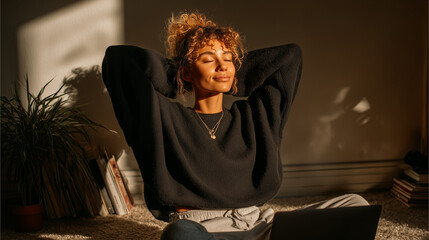 A serene moment captured as a woman relaxes in warm sunlight, wearing a cozy black sweater, embracing tranquility in a cozy indoor setting.