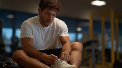 A man seated on a gym bench lacing up his workout shoes with focus, warm-up equipment scattered nearby — pre-workout ritual, disciplined fitness routine, and authentic gym lifestyle. cinematic