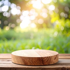 Wooden circular platform, nature bokeh
