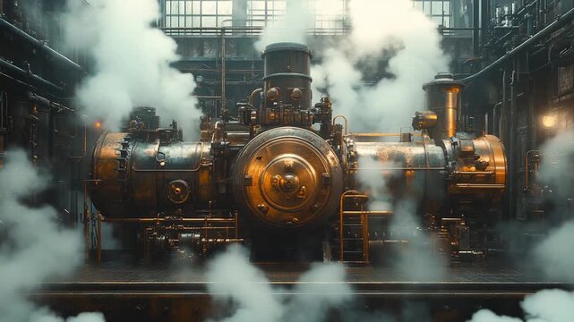 Vintage steam engine in industrial setting with smoke