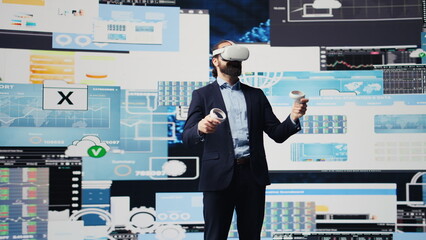Modern businessman employs virtual reality headset in a digital environment focused on performance metrics, strategic planning through technology and analytics. Firm forecasting. Camera B.