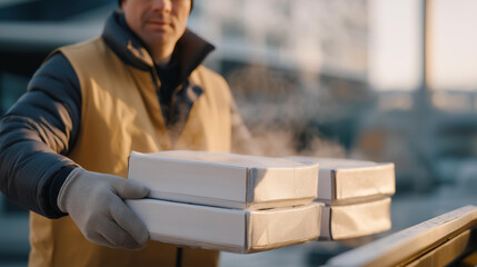 A delivery driver unloading insulated boxes filled with frozen products at a restaurant back door, vapor clouds forming as the lids open — cold-chain logistics, temperature-controlled transport,