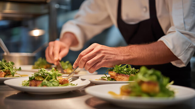 A chef plating dishes rapidly during a dinner rush, kitchen heat rising as tickets cascade from the printer &mdash; culinary urgency, teamwork under pressure, and fast-paced restaurant energy. cinematic