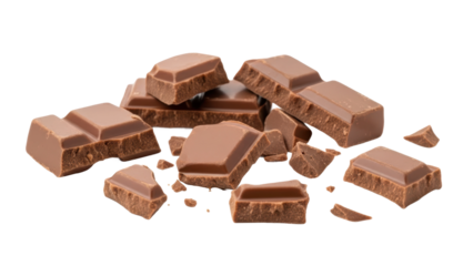 Chunks of broken chocolate pieces scattered on a plain surface ready for baking or snacking. Isolated on transparent background, png