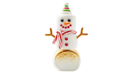 Snowman made of marshmallows with candy decoration in a simple setup for winter celebration. Isolated on transparent background, png