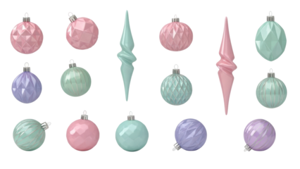 Christmas ornaments in various shapes and colors on a white background for holiday decorations. Isolated on transparent background, png
