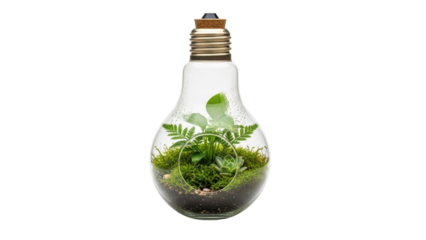 Glass light bulb terrarium with small plants and moss on display. Isolated on transparent background, png